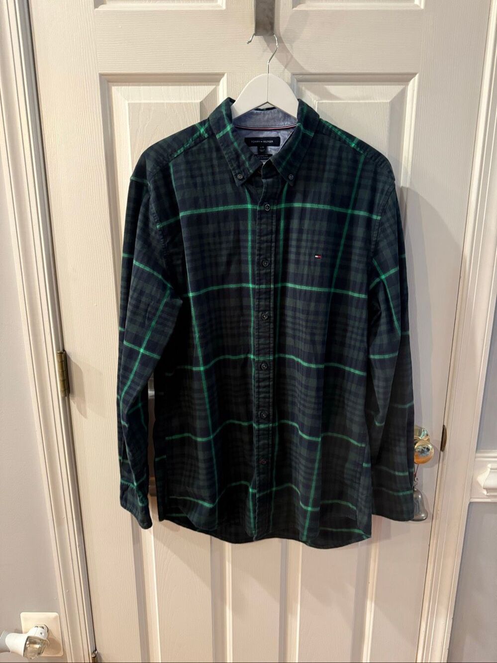 Tommy Hilfiger Green Plaid Classic Fit Flannel Button Down Shirt sz L EUC
